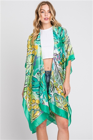 S30-1-1-MS0346-GN - HAND DRAWN WATERCOLOR TROPICAL LEAVES KIMONO
-GREEN/6PCS