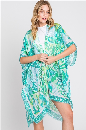 S30-1-1-MS0349-GN - WATERCOLOR GEOMETRIC PRINT KIMONO-GREEN/6PCS