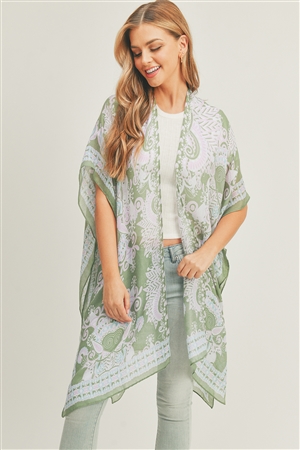 S30-1-1-MS0214OV - BOHEMIAN PRINT OPEN FRONT KIMONO-OLIVE/6PCS