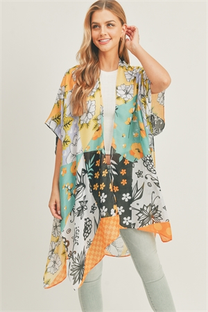 S30-1-1-MS0283TQ - MIXED FLOWER PRINT KIMONO-TURQUOISE/6PCS