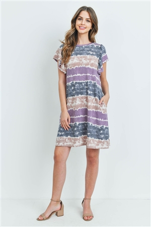 S10-18-4-PPD1021-PPLTP - TIE DYE FLUTTER SLEEVES ON SEAM POCKET DRESS- PURPLE/TAUPE 1-2-2-2