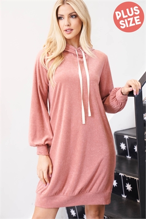 S10-6-3-PPD10313X-DKBLS - PLUS SIZE PUFF SLEEVE HOODIE DRESS WITH SELF TIE- DARK BLUSH 3-2-1