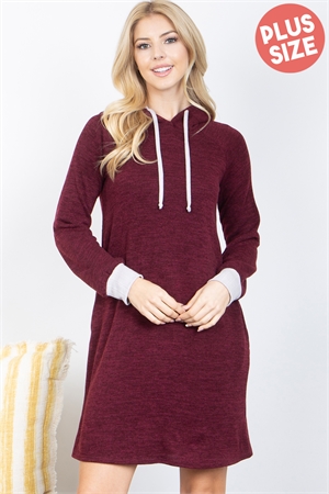 S7-10-3-PPD10449X-BUGY - PLUS SIZE HACCI LONG SLEEVE RIB BAND HOODIE DRESS WITH SELF TIE- BURGUNDY-GREY 3-2-1