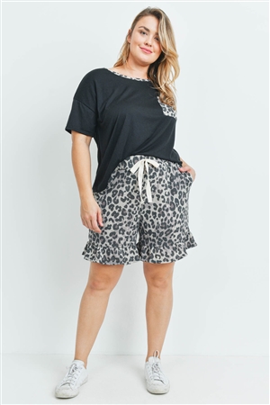 S10-19-4-PPP4036X-BKMCKHK - PLUS SIZE SOLID TOP LEOPARD POCKET AND SHORTS SET WITH SELF TIE- BLACK/MOCHA/KHAKI 3-2-1