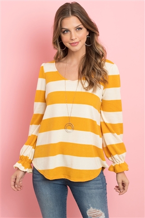 S10-9-2-PPT2002-MUIV - STRIPES RUFFLE SLEEVE ROUND HEM HACCI TOP- MUSTARD/IVORY 1-2-2-2