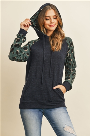 S8-8-3-PPT2033-NVTL - SELF TIE LEOPARD CONTRAST KANGAROO POCKET HOODIE- NAVY TEAL 1-2-2-2