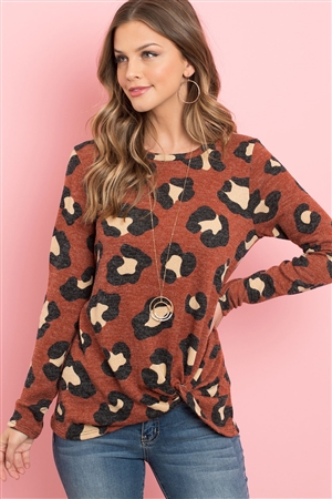 S10-13-1-PPT2047-RST - LONG SLEEVE ROUND NECK LEOPARD KNOT TOP- RUST 1-3-1-1