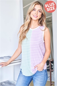 S8-13-2-PPT20571X-OFWGNOFWPPL - PLUS SIZE COLOR BLOCK STRIPES TANK TOP- OFF-WHITE/GREEN-OFF-WHITE/PURPLE-IVORY 3-2-1