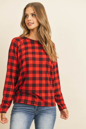 S10-12-2-RFT2032-RPL009-RED PLAID RED LIGHTWEIGHT PRINT PULLOVER TOP 1-1-2-0