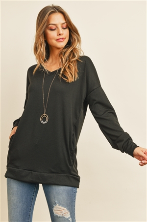 S9-10-1-RFT2618-FRT-BKJT - OVERSIZED FRENCH TERRY V-NECK SWEATER WITH INSEAM POCKET- BLACK JET 1-2-2-2