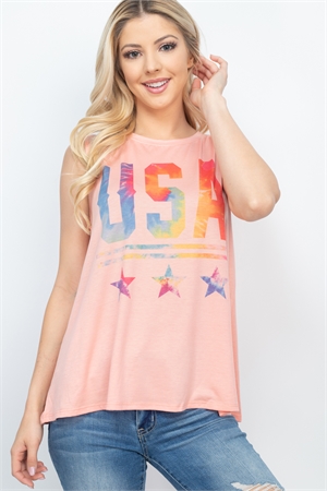 S13-1-2-T776 PEACH "USA & STAR" PRINT TIE DYE TOP 1-1-2