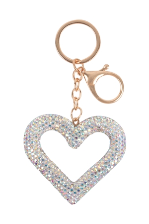 S18-3-3-WCK1052WT - OPEN HEART SHAPE RHINESTONE KEYCHAIN-WHITE/6PCS