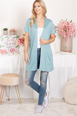 S9-2-2-YMC30008-ALOE - SHORT SLEEVE OPEN FRONT SOLID CARDIGAN- ALOE 1-2-2-2