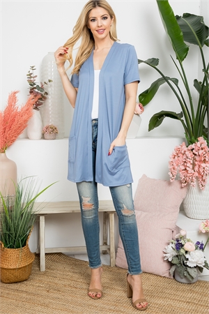 S10-18-1-YMC30008V-DSTBL - SHORT SLEEVE OPEN FRONT SOLID CARDIGAN- DUSTY BLUE 1-2-2-2