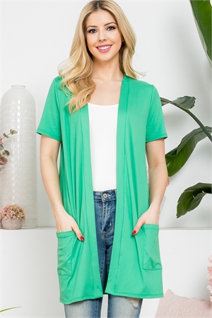 S10-18-1-YMC30008V-GNLT - SHORT SLEEVE OPEN FRONT SOLID CARDIGAN- GREEN LT. 1-2-2-2