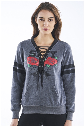 Ladies Fleece Lace Up Pull Over Sweatshirt w/ Pockets & Embellished w/ Applique