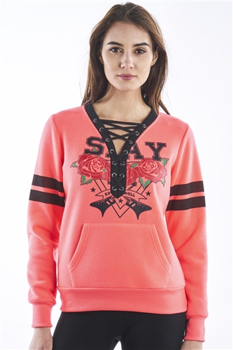 Ladies Fleece Lace Up Pull Over Sweatshirt w/ Pockets & Embellished w/ Applique