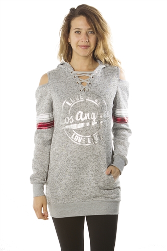 Ladies Sweatshirt Cold Shoulder, Lace Up Mini Dress Hoodies-Tops, Pullover, Embellished w/ Applique