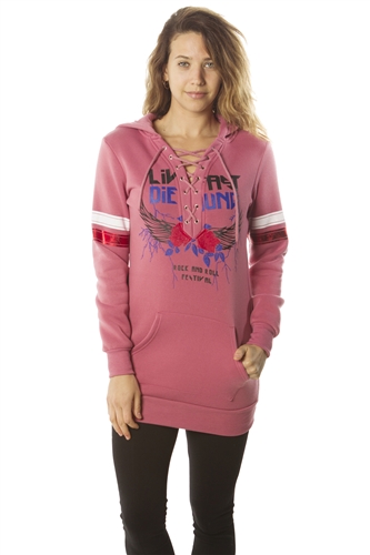 Ladies Sweatshirt Lace Up Mini Dress Hoodies-Tops, Pullover w/ Kangaro Pockets & Embellished w/ Applique/ 1-2-2-1