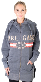 Ladies Fleece Zip Up Sweatshirt Oversize Long Hoodie Outerwear Jacket with Applique