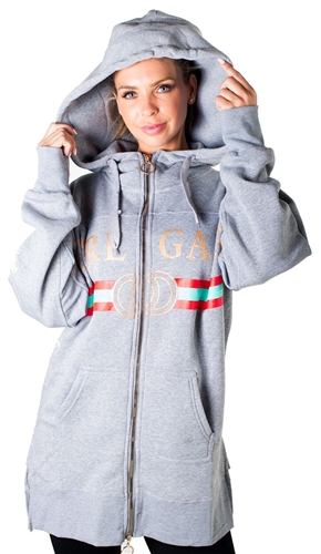 Ladies Fleece Zip Up Sweatshirt Oversize Long Hoodie Outerwear Jacket with Applique