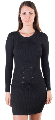 Ladies Bodycon  Long Sleeve Sweater  Dress with Corset Style Tie Up Front By Special One