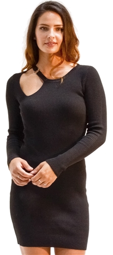 Ladies Bodycon Asymmetric Neck Line with Buckle Ribbed Long Sleeve Sweater Dress By Special One