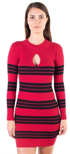 Ladies Bodycon Long Sleeve Sweater Dress with Mock Neck Keyhole Design