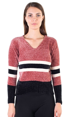 Ladies Striped V Neck Chenille Sweater