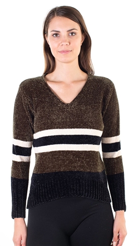 Ladies Striped V Neck Chenille Sweater