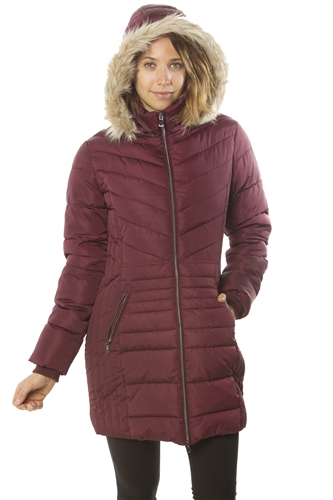 Ladies Faux Fur Lined Long Jacket, Zip Up, Detachable Hood, w/ 2 Front Pocket