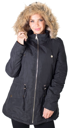 Ladies Peach Skin Parka w/ Faux Fur Lining and Detachable Hood and Waistband Draw String