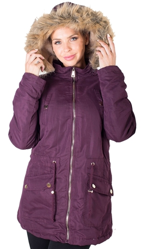 Ladies Peach Skin Parka w/ Faux Fur Lining and Detachable Hood and Waistband Draw String