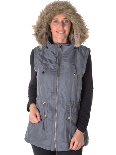 Ladies Faux Fur Lined Brushed Peach Vest w/ Detachable Hood, 2 Front Pockets & Waistband Draw String