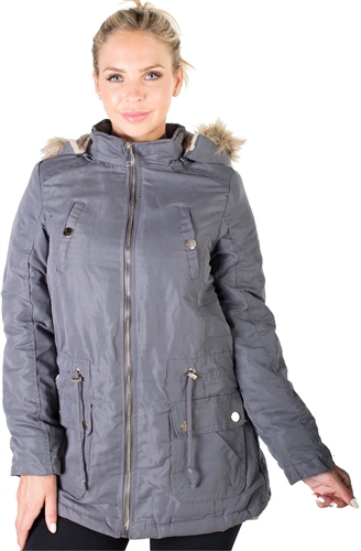 Ladies Peach Skin Parka w/ Faux Fur Lining, Detachable Hood and Waistband Draw String