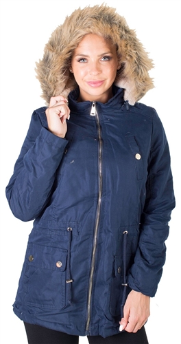 Ladies Peach Skin Parka w/ Faux Fur Lining, Detachable Hood and Waistband Draw String