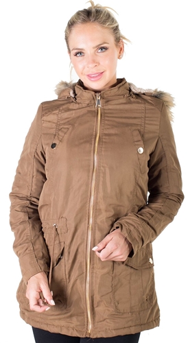 Ladies Plus Size Peach Skin Parka w/ Faux Fur Lining, Detachable Hood and Waistband Draw String