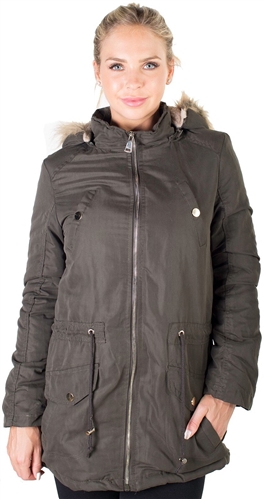 Ladies Peach Skin Parka w/ Faux Fur Lining, Detachable Hood and Waistband Draw String