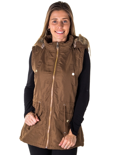 Ladies Faux Fur Lined Brushed Peach Vest w/ Detachable Hood, 2 Front Pockets & Waistband Draw String
