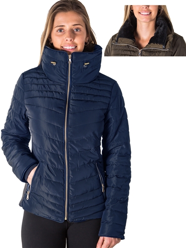 Ladies Faux Fur Lined Liz Jacket w/ High Collar, Zip Up, PU Piping & zip Front Pockets