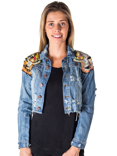 Ladies Cropped, Distress, Embroidered, Tiger Denim Jacket