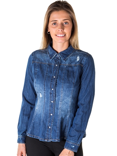 Ladies Distress Denim Shirt Jacket