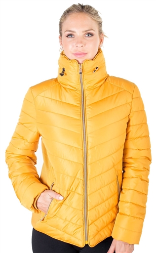 Ladies High Collar Quilted Puffer Jacket with Faux Fur Inner Collar and Body Lining and Stretchable Side Gathering