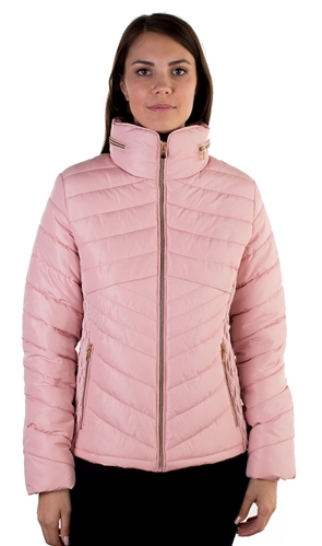 Ladies Faux Fur Lined Liz Jacket w/ High Collar, Hooded, Zip Up, PU Piping & zip Front Pockets