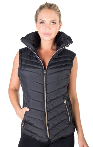 Ladies High Collar Quilted Vest with Faux Fur Inner Collar and Body Lining and Stretchable Side Gathering