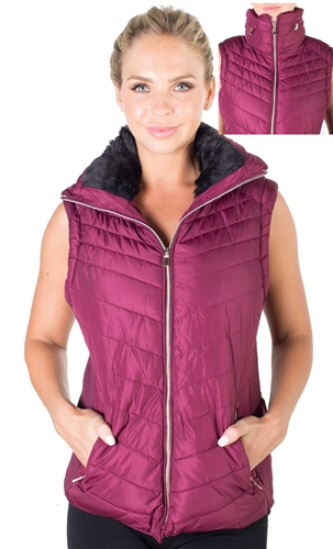 Ladies High Collar Quilted Vest with Faux Fur Inner Collar and Body Lining and Stretchable Side Gathering