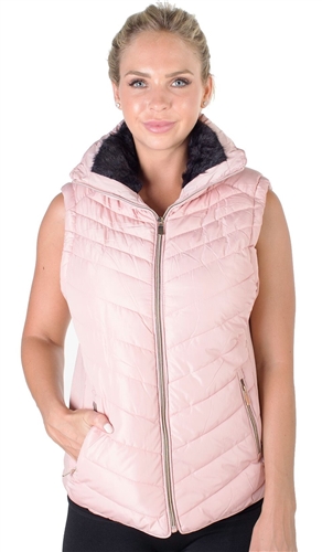 Ladies High Collar Quilted Vest with Faux Fur Inner Collar and Body Lining and Stretchable Side Gathering