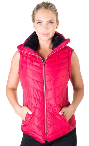 Ladies High Collar Quilted Vest with Faux Fur Inner Collar and Body Lining and Stretchable Side Gathering