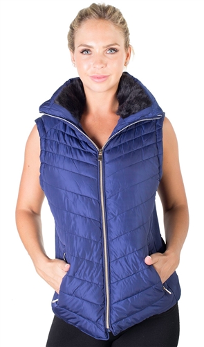 Ladies Plus Size High Collar Quilted Vest with Faux Fur Inner Collar and Body Lining and Stretchable Side Gathering