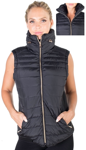 Ladies High Collar Quilted Vest with Faux Fur Inner Collar and Body Lining and Stretchable Side Gathering